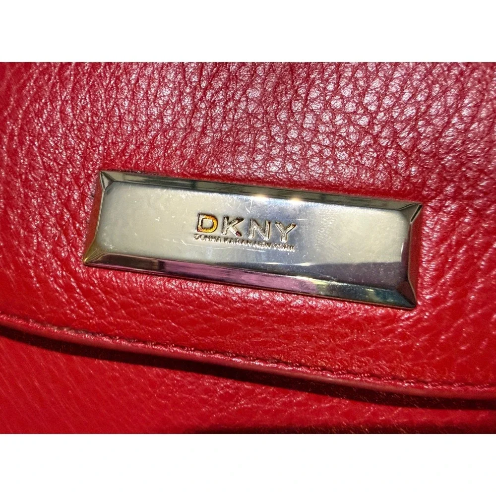 DKNY Shoulder Bag Women Small Red Pebbled Leather Gold Chain Flap